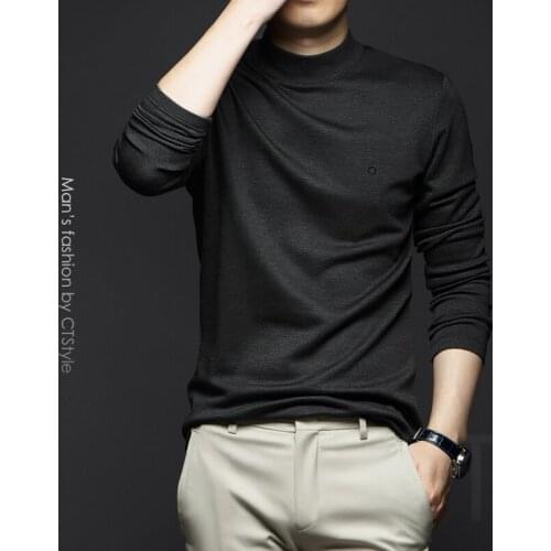 Fall mens mid-half high-neck long-sleeved T-shirt solid color base shirt inside and outside wear autumn clothes 2020 autumn top