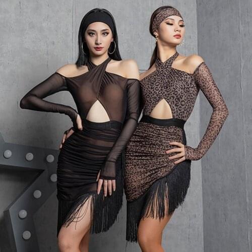 Latin Dance Competition Dress Women Suspender Slit Skirt Adult Latin Practice Clothing Samba Rumba Black Fringe Dress BL6539
