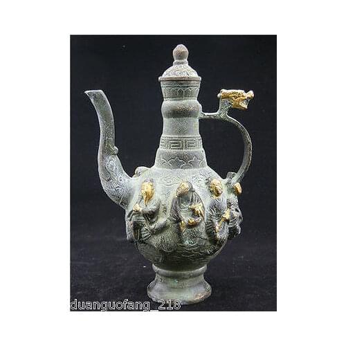Elaborate Collectibles Chinese Bronze Eight Immortals Dragon Characters Flagon Wine Pot
