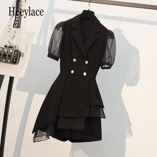 Plus size office ladies elegant black two pieces set for women Summer mesh patchwork irregular blazer top and shorts sets M-4XL