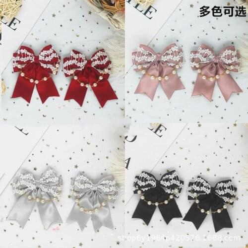 Hand-made burgundy pair clip bow knot bead chain headdress hair clip double ponytail Lolita cute side clip