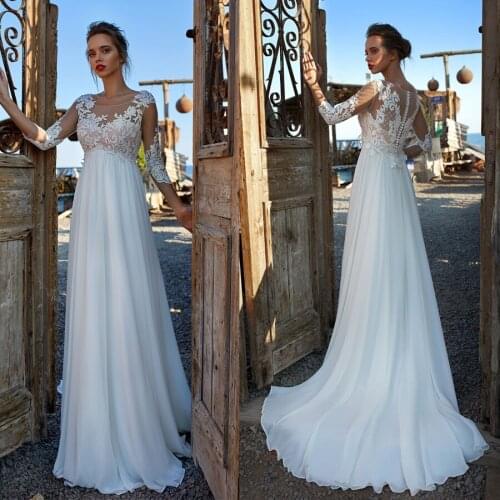 Empire Waistline Chiffon Long Sleeves Wedding Dress with Lace Top Illusion Back with Button Bridal Dress vestidos de boda para