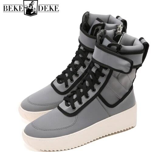 Street Style Silver Leather High-Top Shoes Men Platform Side Zipper Fashion Ankle Boots High Street Military Shoes Plus Size 46