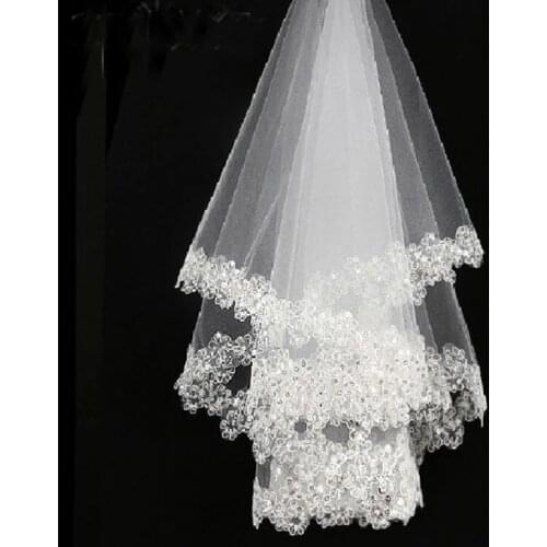 On Sale Latest Arrival White Lace Edge White Tulle Bridal Wedding Veils One Tier Beaded 120cm Bride Veils Wedding Accessory
