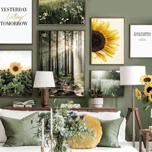 Sunrise Forest Path Meadow Sunflower Posters and Prints Wall Art Nature Scenery Canvas Painting Nordic Picture for Living Room