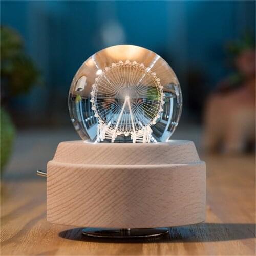 Rotating Clear Crystal Decorative Balls 3D Laser Engraved Glass Sphere Chargeable Music Box for Home Decor Birthday Gift Ornamen