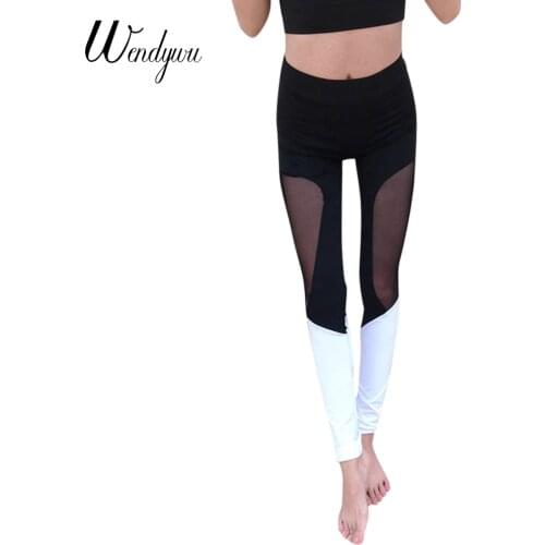 Wendywu Special Black Mesh White Patchwork Stretch Mid Waist Women Bodycon Leggings