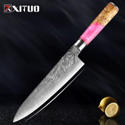 XITUO 8 inch Chef Knife Gyuto Knife Japanese VG10 Damascus Steel Kitchen Chef Cooking Knives Meat Cleaver Pink Resin Wood Handle
