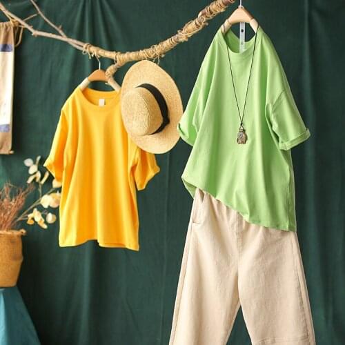 Candy color cotton short-sleeved T-shirt women 2021 summer new loose casual all-match Korean round neck top