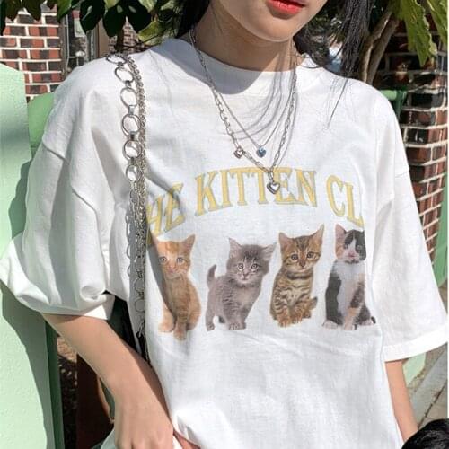 Kuakuayu HJN The Kitten Club Cute Printed Women Street Style shirts White Cotton Vintage Short Sleeve Tops Cotton Graphic Tees