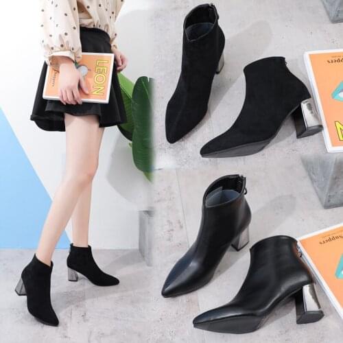 Hot Black Thick High Heel Ankle Boots Women 2021 Pointed Toe Keep Warm Elegant Short Booties Ladies Ankle Buckle Decoration