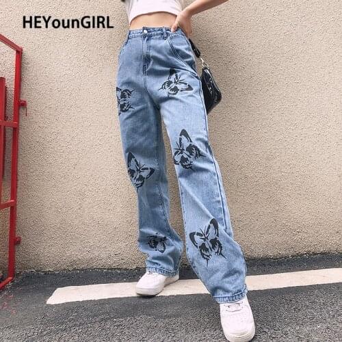 HEYounGIRL Butterfly Printed Straight Pants Women Casual Harajuku Denim Long Trousers Ladies Streetwear Fashion Jeans Female