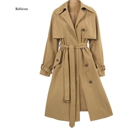 [EWQ] Korea Chic Khaki Trench Coat Women&#39s Autumn 2021 New Laple Loose Lace Up Waist Double Breasted Long Sleeve Windbreaker