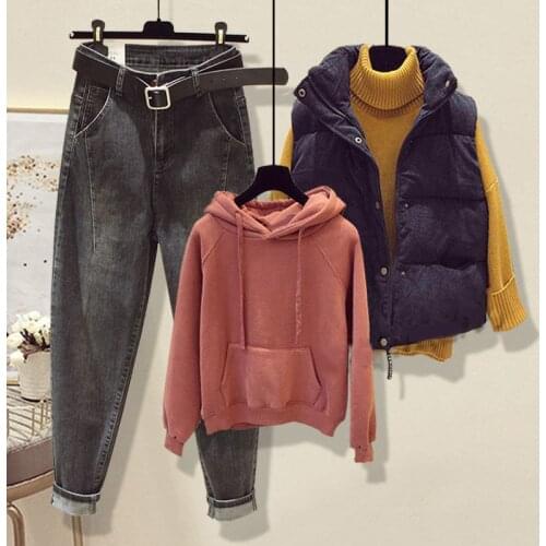 Women 2021 Winter New Fashion Corduroy Down Cotton Jacket Three Piece Sets Female Hoodies +Vest +Jeans Pants 3 Piece Suit B439