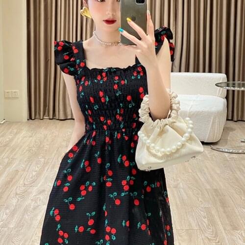 Korean Flying Sleeve Long Dress Women Summer Cherry Print Kawaii Dress Plus Size Vintage Dresses vestidos