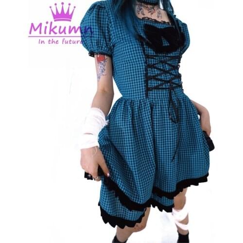 Gothic Lolita Dress Japanese Harajuku Girls Fashion Punk Cute Puff Sleeve Blue Plaid Dress Female Vestido Cosplay Streetwear