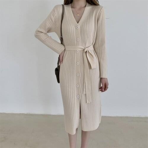 Ladies Autumn Slim Waist Single Breasted Knitted Dress V-Neck Elegant Female Long Sleeve Sweater Vestidos Solid