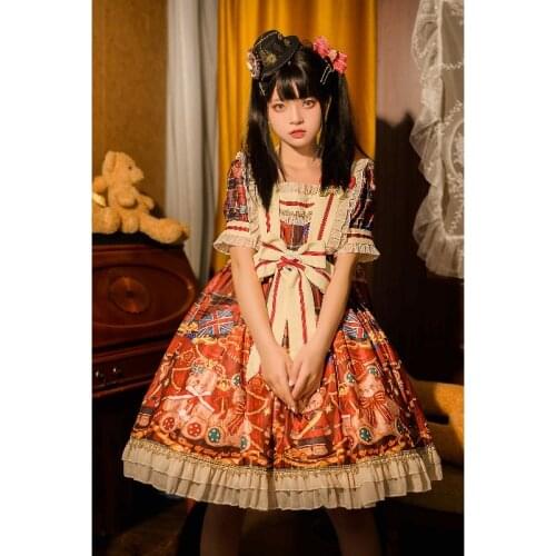 Lolita Style Dress Women Bear Party Printing Bowknot Costume Dress Song Sleeve Kawaii Loose New Female Cute Sweet Mid Dress