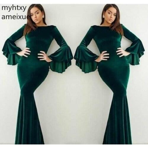 2020 New Velvet Dark Green Cheap Evening Dress Elegant Dubai Flare Long Sleeves Women Party Prom Gown Plus Size Robe De Soiree