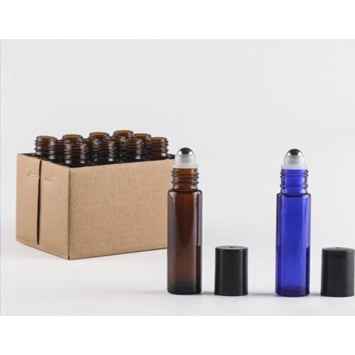 12pcs Glass Roll-On Essential Oil Bottles 10ml Refillable Roller Ball Bottle Brown Blue Lip Gloss Bottle Empty Perfume Bottles