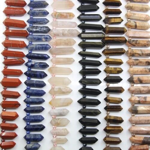 15.5"Strand Sodalite/Obsidian/Sakura Agates Double Point Pendants,Top Drilled Gems Faceted Hexagon Slice Stick Spike Loose Beads