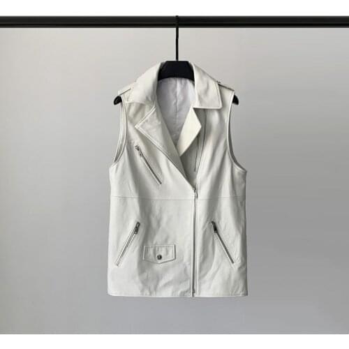 2021 Autumn New Leather Vest Womens Middle and Long Zipper Sleeveless Leather Coat Sheep Pican Shoulder Casual Coat