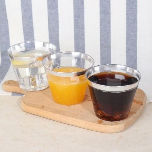 50pcs Rose Gold Border Wine Cup 9oz Plastic Glass Cup Clear Disposable Edging Decor For Wedding Party Dinking Cocktail Supplies