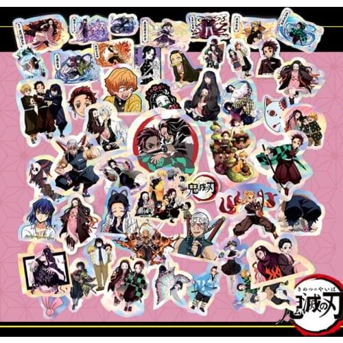 50 Pcs/pack Cute Anime Jujutsu Kaisen Demon Slayer Kamado Tanjirou Nezuko PVC Laser Stickers for Refrigerator Phone Decal Toys