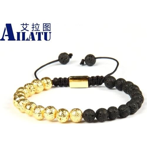 Ailatu Men Bracelet 6mm Lava Rock Stone Braiding Bracelets Mix Colors Customizable Lovers Name or Company Logo