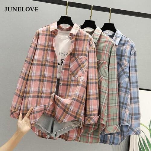 JuneLove Women Spring Long Sleeve Blouse Shirts Vintage Loose Female Plaid Blouse Shirts Casual Street Lady Korean Oversized Top