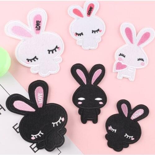Black White Rabbit Patches Iron on Bunny Love Thermo Stickers for Children Clothing Cute Iron Patch Embroidery Cloth Appliques