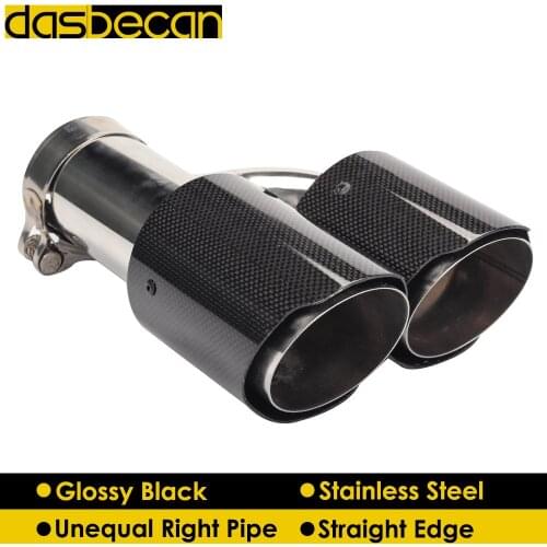 Dasbecan Unequal Glossy Black Carbon Fiber Exhaust Pipe Car Dual H Model Muffler Straight Exhaust Tips Right End Tip Universal