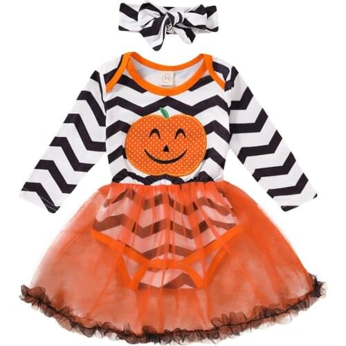 Infant Baby Girls Halloween Jumpsuit Skirt Fashion Casual Halloween Pumpkin Striped Print Long Sleeve Romper + Headband 2-Piece