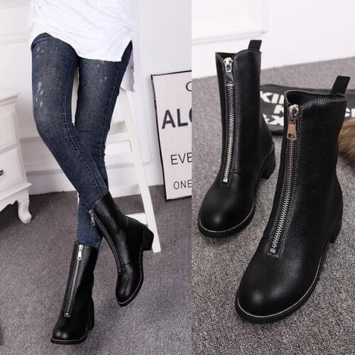 Designer round toe leather short boots women low heel motorcycle boots high quality front zipper riding botas zapatos mujer 2020