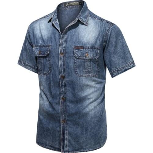 Denim shirts men vintage clothes Casual summer Short sleeve Denim shirt man cotton 2021 new brand shirt