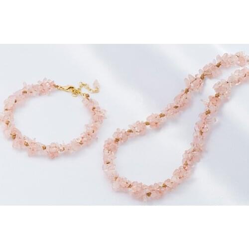 Jaeeyin 2021 Fashion Holiday Jewelry Set Natural Stone Wire Knot Rose Stone Bohemia Sweet Necklace Bracelet Clavicle Chain