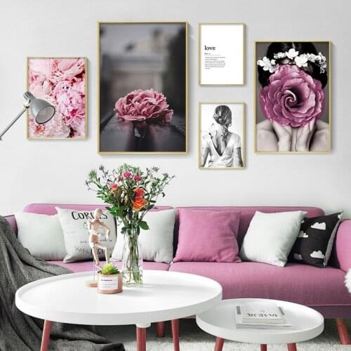 Pink Peony Flower Woman and Print Flower Books Wall Art Canvas Painting Modern Vogue for Living Room Home DecorPictures