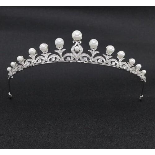 Classic CZ Cubic Zirconia Pearl Wedding Bridal Tiara Diadem Crown Women Prom Party Hair Jewelry Accessories CH10046