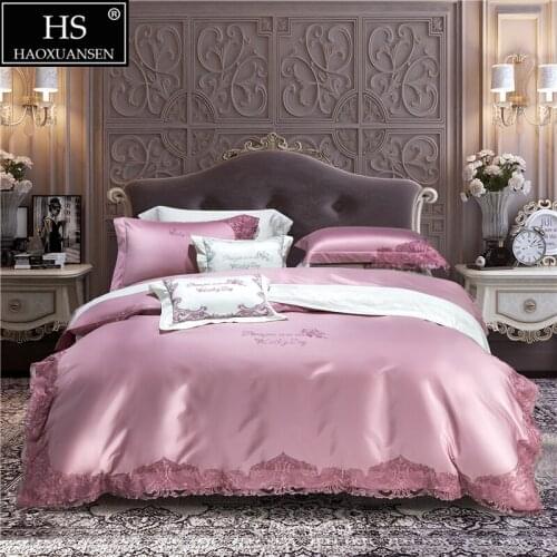 Princess Pink Delicate Lace Design 4Pieces Bedding Set Pure Cotton Fabric Queen King Size Quilt Cover Pillowcase Sheets Coffee
