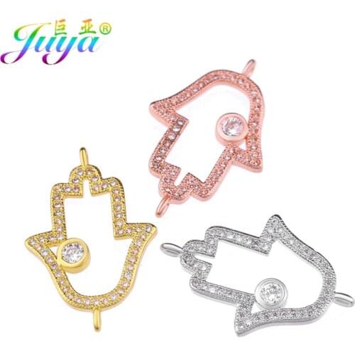 Juya DIY Micro Pave Zircon Hamsa Hand Of Fatima Greek Evil Eye Charms Supplies For Handmade Fashion Jewelry Making Accessories