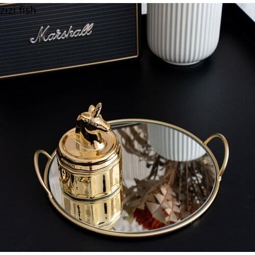 Minimalist Glass Mirror Trays Decorative Bathroom Skin Care Product Storage Golden Handle Tray Dressing Table Jewelry Plate