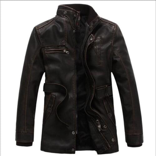 Men Winter Motorcycle PU Leather Jacket Casual Plus Velvet Thick Leather Windbreaker Mid-length Male Large Size Clothing