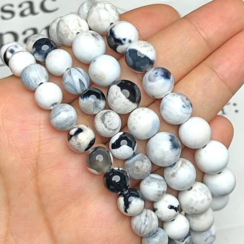 Natural Stone White Black Fire Agates Onyx Beads Round Loose Bead For Jewelry Making DIY Bracelet Necklace 15'' 6/8/10mm