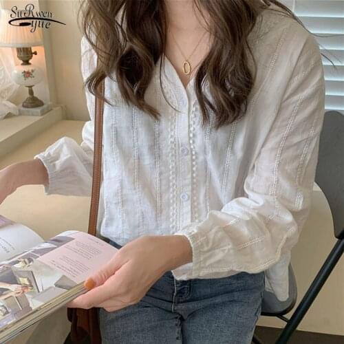 New 2020 Korean Style Solid Cotton Simple Women Tops and Blouses Sweet Lace V-neck Puff Sleeve Shirt Women Ladies' Tops 10914
