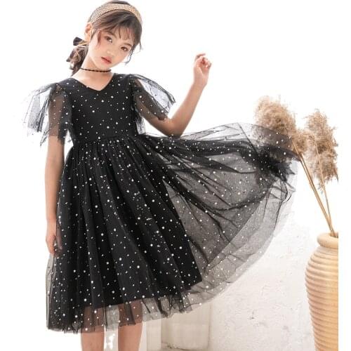 Girls Starry Sky Voile Dresses Cotton Lining Kids Clothes Boutique Summer Wedding Birthday Party Prom Princess V-neck Lace Dress