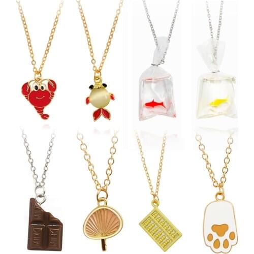 Pet paw Lobster Goldfish Chocolates Fan Abacus Enamel Pendant Necklace Fish in water bag Cat paw Necklace Jewelry for Women Gift