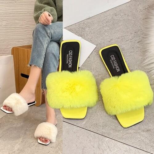 Luxury Fuzzy Slippers Women Fur Slides Soft Bedroom Plus Size Solid Beauty Ladies Shoes Casual Temperament Flat Flip Flops