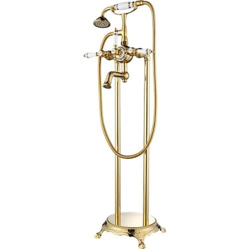 Luxury Modern Freestanding Dual Cross Handles Bathtub Faucet Tub Filler Gold Color Golden Finish Floor Mount Hot and Cold Water