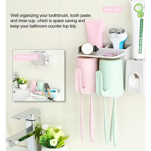 Self Adhesive Natural Wheat Straw Cup Hanger with Toothbrush Holder Wall Mounted Organizer for Rinse Cup Bathroom Storage
