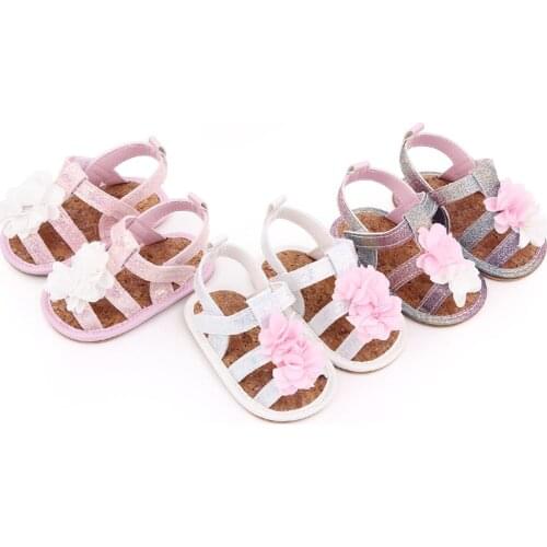 Baby Newborn Girls Floral Sequined Sandals Shoes Summer Flat Non-slip Sole Infant Toddler Princess Shoes Fist Walker 0-12M